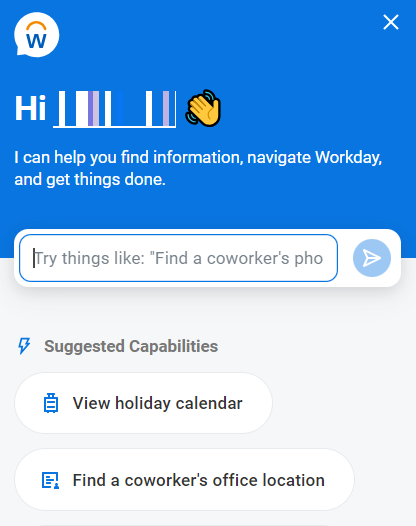 Workday Assistant Chat Window with Suggested Capabilities