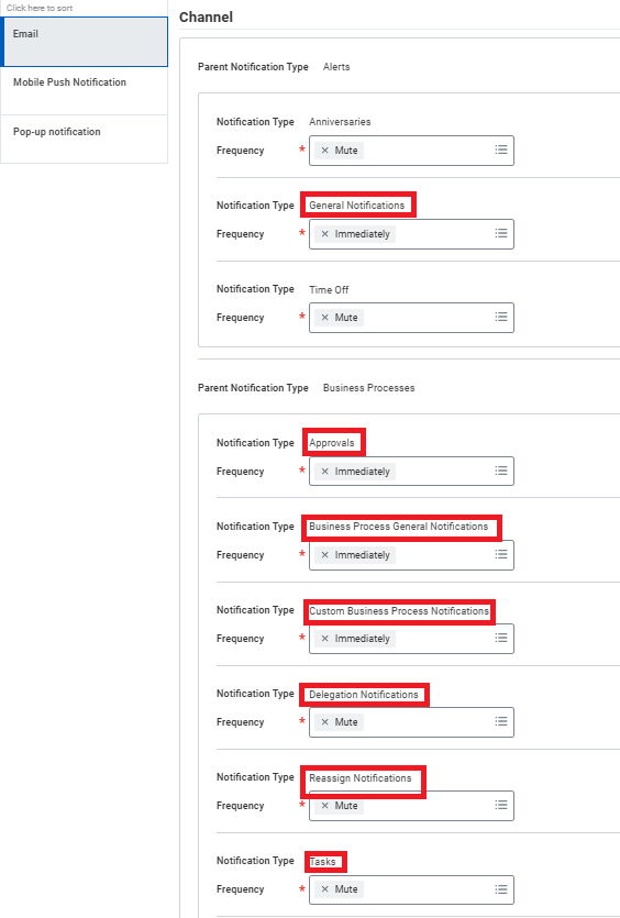 Frequency setting per Parent Notification Type.