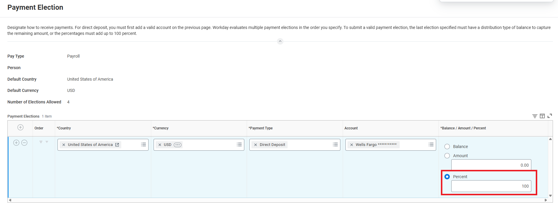 Payment Election Screen with Percentage option